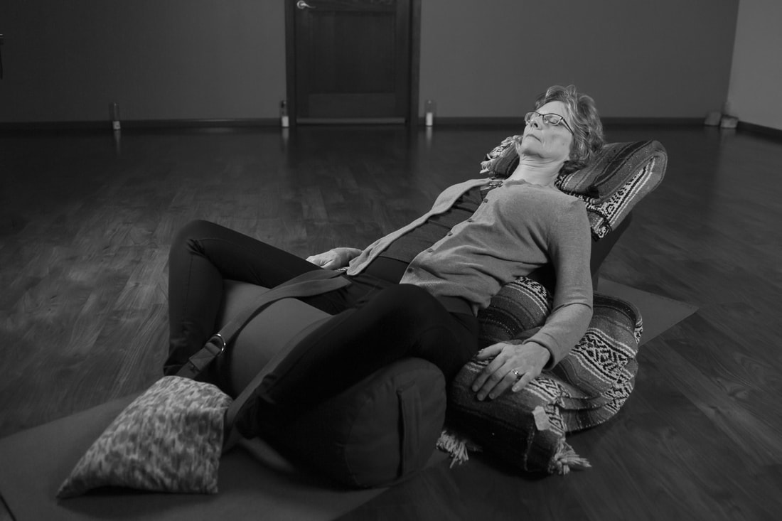 Anne Ondrey (B&W) in restorative goddess pose